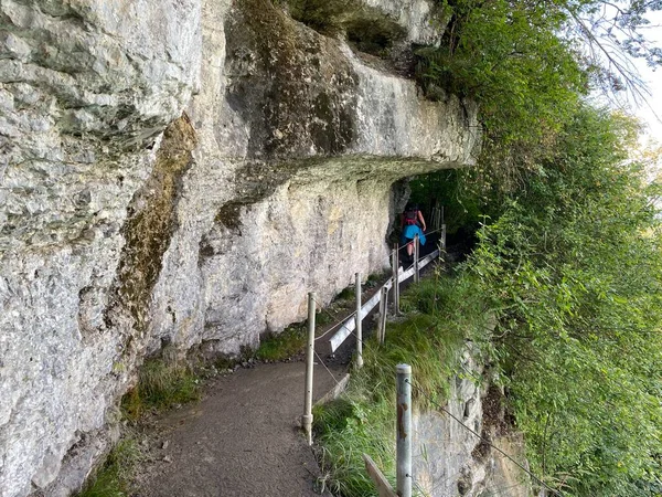 Trails for walking, hiking, sports and recreation along the waterfalls Giessbach Falls (Giessbachfalle oder Giessbachfaelle) and in the creek valley, Brienz - Canton of Bern, Switzerland / Kanton Bern, Schweiz