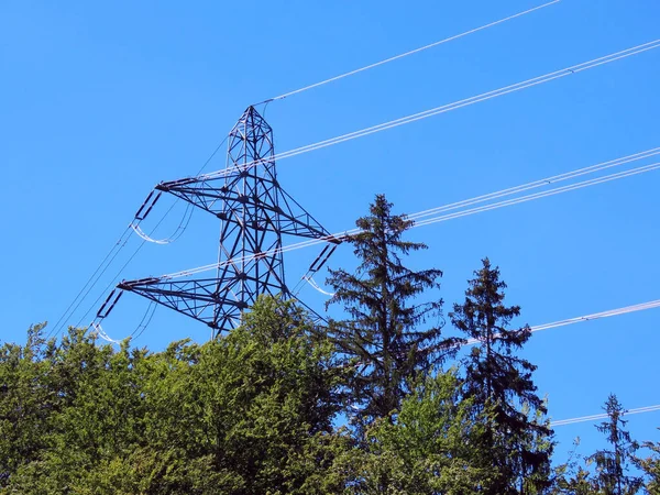 Ökológia Energia Előtt Vegyes Szubalpin Erdő Elektromos Vezeték Fémszerkezete Körül — Stock Fotó