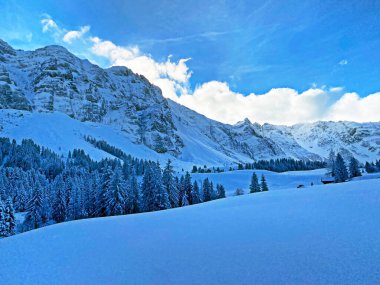 Appenzell Alpleri 'ndeki Alpstein sıradağlarında gizemli kış atmosferi, Schwaegalp dağ geçidi - Appenzell Ausserrhoden Kantonu, İsviçre