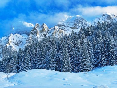Appenzell Alpleri 'ndeki Alpstein sıradağlarında gizemli kış atmosferi, Schwaegalp dağ geçidi - Appenzell Ausserrhoden Kantonu, İsviçre