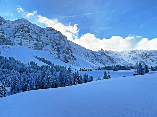 Mistyczna Zimowa Atmosfera Pasmie Górskim Alpstein Masywie Appenzell Alps Przełęcz — Zdjęcie stockowe