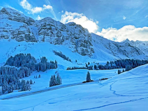 Мистическая Зимняя Атмосфера Хребте Альпштайн Массиве Аппенцелль Альпы Горный Перевал — стоковое фото