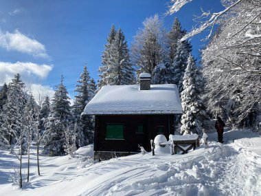 Idyllic İsviçre dağ kulübeleri kışlık giysiler içinde ve kar örtüsü içinde, Schwaegalp dağ geçidi - Appenzell Ausserrhoden Kantonu, İsviçre