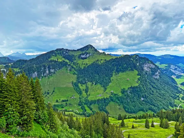 アルプスの山の丘FarensteckliまたはFarenstockliとロッゲンシュトックは イベリグ地域とシュヴィーツアルプスの山塊で オベリベルク スイスのシュヴィーツ州 カントン シュヴィーツ スイス — ストック写真
