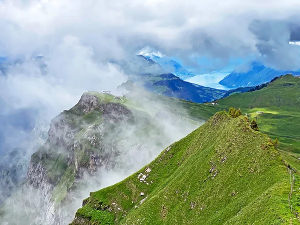 Miraculous Low Clouds Mystical Fog Mountain Range First Schwyz Alps — Stok fotoğraf