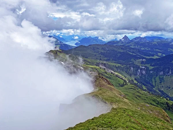 Miraculous Low Clouds Mystical Fog Mountain Range First Schwyz Alps — Zdjęcie stockowe