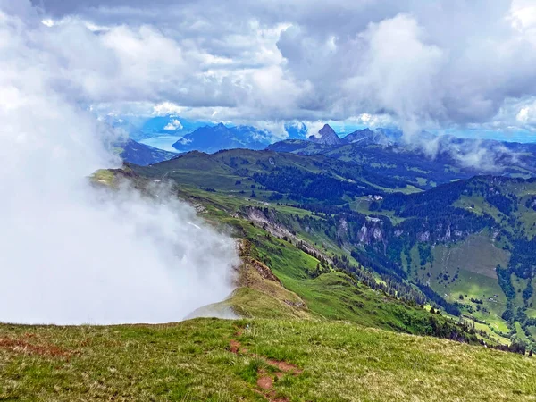 Miraculous Low Clouds Mystical Fog Mountain Range First Schwyz Alps — Stockfoto