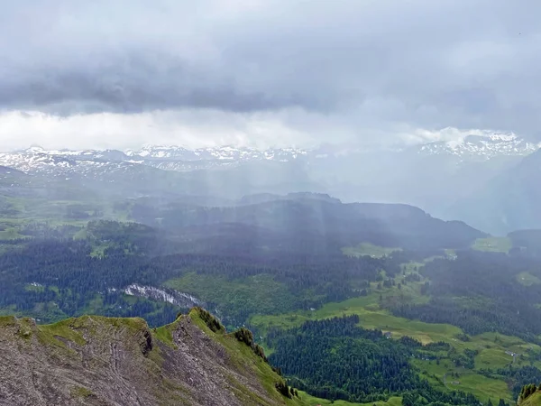 Miraculous Low Clouds Mystical Fog Mountain Range First Schwyz Alps — Stockfoto