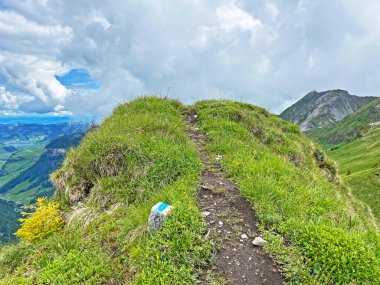 Mountaineering signposts and markings on the slopes of the mountain range First and in the Schwyz Alps mountain massif, Oberiberg - Canton of Schwyz, Switzerland (Kanton Schwyz, Schweiz)