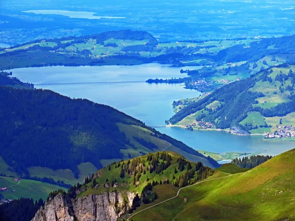 Zicht Het Kunstmatige Meer Sihlsee Stausee Sihlsee Vanaf Hellingen Van — Stockfoto