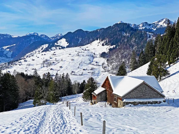 素晴らしい冬のハイキングコースとアルプシュタイン山塊の新鮮な高山雪のカバーとオーバートッゲンブルク地域での痕跡 Unterwasser カントン セント ガレン スイス スイス — ストック写真