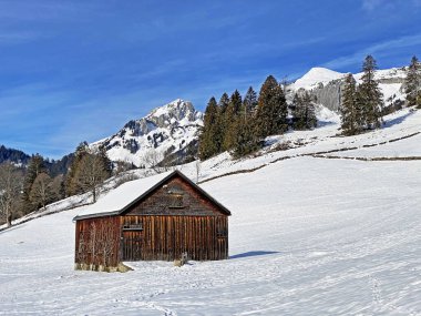 Idyllic Swiss alp dağ kulübeleri ve kışlık giysiler içinde geleneksel İsviçre kırsal mimarisi ve Obertoggenburg bölgesinde yeni bir kar örtüsü, Unterwasser - İsviçre 'nin St. Gallen Kantonu (Schweiz)