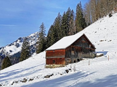 Idyllic Swiss alp dağ kulübeleri ve kışlık giysiler içinde geleneksel İsviçre kırsal mimarisi ve Obertoggenburg bölgesinde yeni bir kar örtüsü, Unterwasser - İsviçre 'nin St. Gallen Kantonu (Schweiz)
