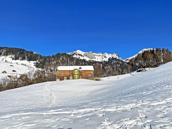 Idyllische Zwitserse Berghutten Traditionele Zwitserse Landelijke Architectuur Gekleed Winterkleding Een — Stockfoto