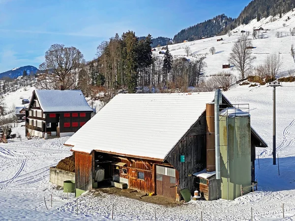 牧歌的なスイスの高山の山小屋と冬服を着た伝統的なスイスの農村建築と オーバートッゲンブルク地方の新鮮な雪のカバーで Unterwasser カントン セント ガレン スイス スイス — ストック写真