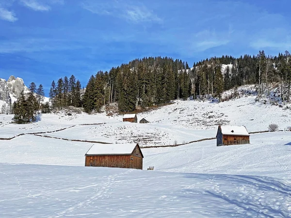 Idyllische Zwitserse Berghutten Traditionele Zwitserse Landelijke Architectuur Gekleed Winterkleding Een — Stockfoto