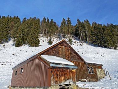 Idyllic Swiss alp dağ kulübeleri ve kışlık giysiler içinde geleneksel İsviçre kırsal mimarisi ve Obertoggenburg bölgesinde yeni bir kar örtüsü, Unterwasser - İsviçre 'nin St. Gallen Kantonu (Schweiz)