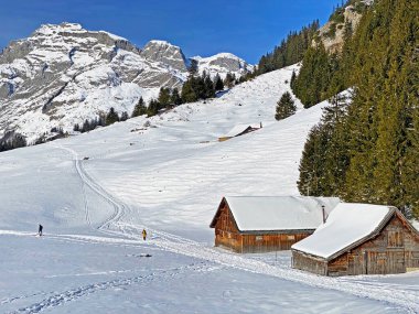 Idyllic Swiss alp dağ kulübeleri ve kışlık giysiler içinde geleneksel İsviçre kırsal mimarisi ve Obertoggenburg bölgesinde yeni bir kar örtüsü, Unterwasser - İsviçre 'nin St. Gallen Kantonu (Schweiz)