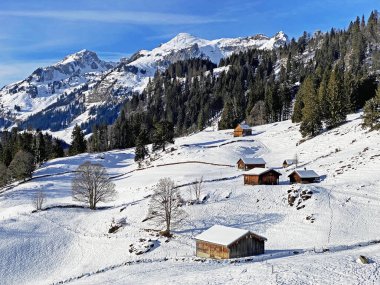 Idyllic Swiss alp dağ kulübeleri ve kışlık giysiler içinde geleneksel İsviçre kırsal mimarisi ve Obertoggenburg bölgesinde yeni bir kar örtüsü, Unterwasser - İsviçre 'nin St. Gallen Kantonu (Schweiz)