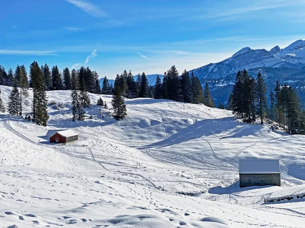 Idílicas Cabañas Montaña Alpinas Suizas Arquitectura Rural Tradicional Suiza Vestida — Foto de Stock