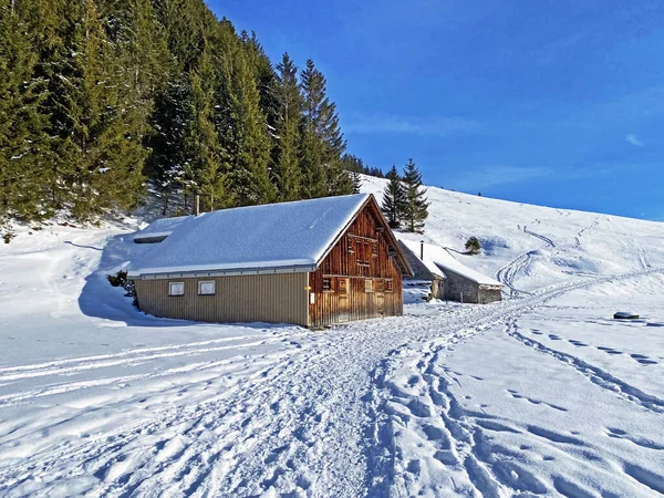 Idyllic Swiss Alpine Mountain Huts Traditional Swiss Rural Architecture Dressed — Stock Photo, Image