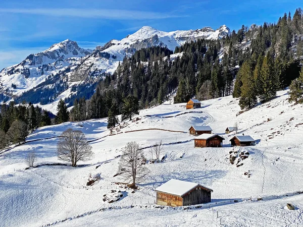 Idyllic Swiss Alp Dağ Kulübeleri Kışlık Giysiler Içinde Geleneksel Sviçre — Stok fotoğraf