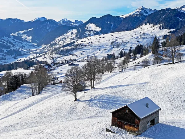 Paisaje Alpino Invierno Perfecto Valle Del Río Thur Entre Las — Foto de Stock