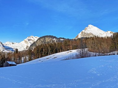 Alpstein 'daki Alpstein Dağları' ndaki Wildhuser Schofberg tepesinde ve Appenzell Alpleri 'nde kış atmosferi - İsviçre' nin St. Gallen Kantonu (Schweiz)