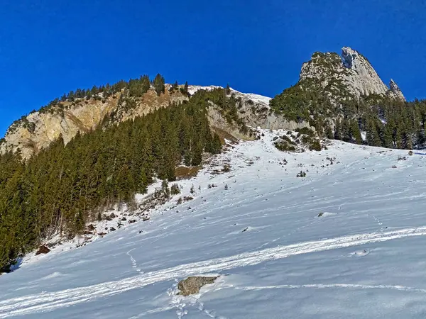 Téli Atmoszféra Alpesi Wildhuser Schofberg Csúcson Alpsteinben Appenzell Alpokban Massif — Stock Fotó
