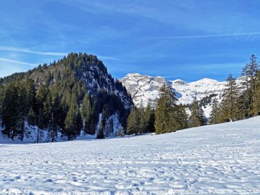 Alpstein dağ sırasındaki Stein tepesinde kış örtüsü ve Appenzell Alps massif, Unterwasser - St. Gallen Kantonu, İsviçre (Schweiz)