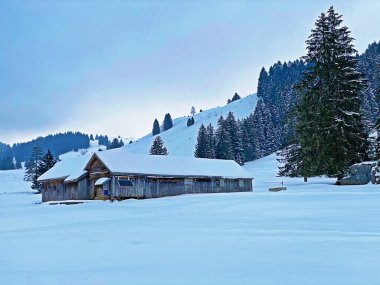 Idyllic Swiss alp dağ kulübeleri kışlık giysiler içinde ve Alpstein dağ sırasının tepelerinde taze bir kar örtüsü içinde, Ennetbuhl veya Ennetbuehl - İsviçre 'nin St. Gallen Kantonu (Schweiz)