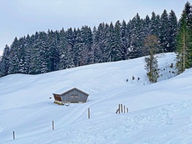 Idyllic Swiss alp dağ kulübeleri kışlık giysiler içinde ve Alpstein dağ sırasının tepelerinde taze bir kar örtüsü içinde, Ennetbuhl veya Ennetbuehl - İsviçre 'nin St. Gallen Kantonu (Schweiz)