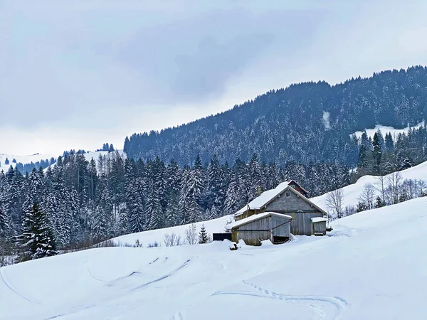 冬の服を着た牧歌的なスイスの高山の山小屋と アルプシュタイン山脈 エンネブールまたはエンネブールの斜面の新鮮な雪のカバー カントン セント ガレン スイス スイス — ストック写真
