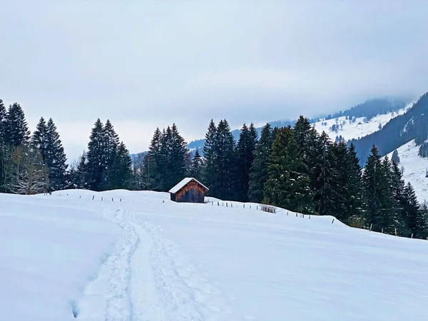 Idyllic Swiss Alpine Mountain Huts Dressed Winter Clothes Fresh Snow — Stock Photo, Image