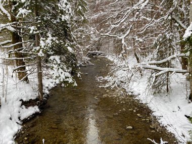 Alp nehrinde kış atmosferi Lutheren dağı eteklerinde Alpstein Dağı, Ennetbuhl veya Ennetbuehl - İsviçre 'nin St. Gallen Kantonu (Schweiz)