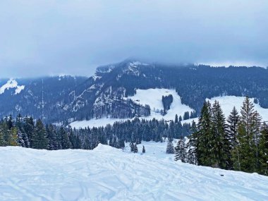 Luteren deresi vadisine taze kar yağdı ve Alpstein kalabalığı, Ennetbuhl veya Ennetbuehl - İsviçre 'nin St. Gallen Kantonu (Schweiz)