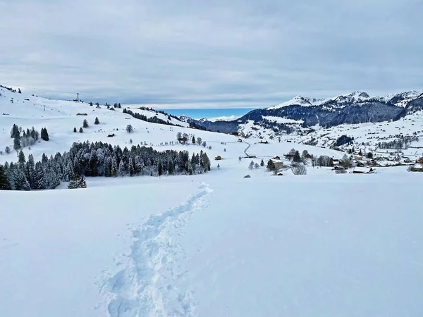 Wonderful Winter Hiking Trails Traces Fresh Alpine Snow Cover Churfirsten — Foto de Stock