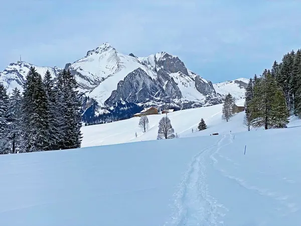 Wonderful Winter Hiking Trails Traces Fresh Alpine Snow Cover Churfirsten — Fotografia de Stock