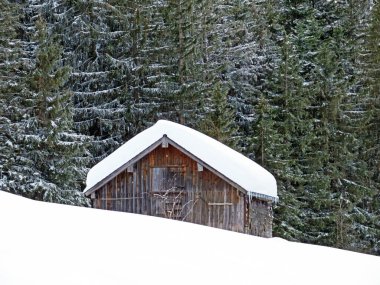Idyllic Swiss alpine mountain huts and traditional Swiss rural architecture dressed in winter clothes and in a fresh snow cover in the Obertoggenburg region, Wildhaus - Canton of St. Gallen, Switzerland (Schweiz)