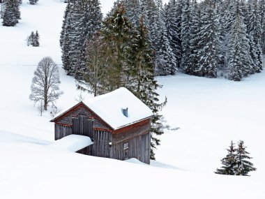 Idyllic Swiss alpine mountain huts and traditional Swiss rural architecture dressed in winter clothes and in a fresh snow cover in the Obertoggenburg region, Wildhaus - Canton of St. Gallen, Switzerland (Schweiz)