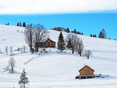 Idyllic Swiss alpine mountain huts and traditional Swiss rural architecture dressed in winter clothes and in a fresh snow cover in the Obertoggenburg region, Wildhaus - Canton of St. Gallen, Switzerland (Schweiz)