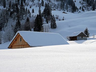 Idyllic Swiss alpine mountain huts and traditional Swiss rural architecture dressed in winter clothes and in a fresh snow cover in the Obertoggenburg region, Wildhaus - Canton of St. Gallen, Switzerland (Schweiz)