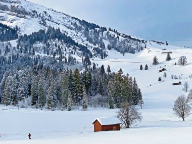 Idyllic Swiss alpine mountain huts and traditional Swiss rural architecture dressed in winter clothes and in a fresh snow cover in the Obertoggenburg region, Wildhaus - Canton of St. Gallen, Switzerland (Schweiz)