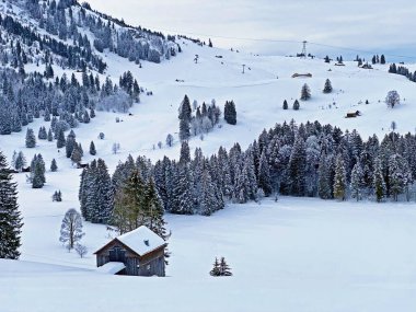 Idyllic Swiss alpine mountain huts and traditional Swiss rural architecture dressed in winter clothes and in a fresh snow cover in the Obertoggenburg region, Wildhaus - Canton of St. Gallen, Switzerland (Schweiz)