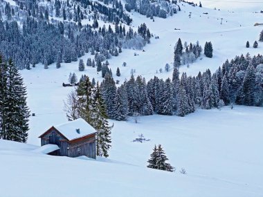 Idyllic Swiss alpine mountain huts and traditional Swiss rural architecture dressed in winter clothes and in a fresh snow cover in the Obertoggenburg region, Wildhaus - Canton of St. Gallen, Switzerland (Schweiz)