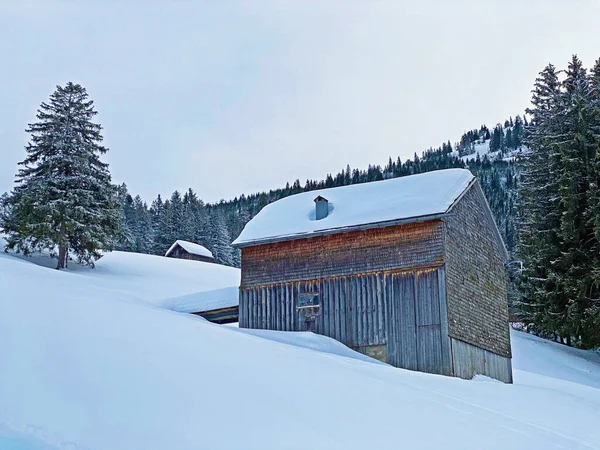 Idyllische Schweizer Almhütten Und Traditionelle Schweizer Ländliche Architektur Winterkleidung Und — Stockfoto