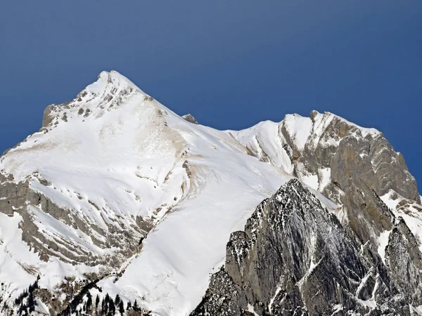 Objetí Zimy Sněhu Vysokohorských Štítech Wildhuser Schofberg Moor Pohoří Alpstein — Stock fotografie