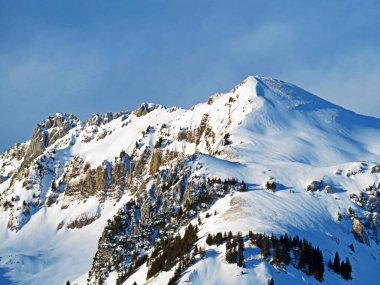 Alp tepelerindeki bembeyaz kar, Alpstein sıradağlarındaki Stoellen veya Stollen ve Schofwisspitz ve Appenzell Alpleri kitlesi - İsviçre 'deki St. Gallen Kantonu (Schweiz)