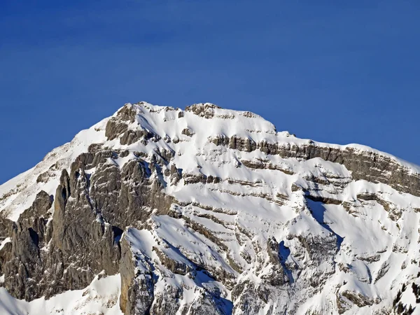 Perfect Winter Landscape Snowy Alpine Peak Stoss Alpstein Mountain Range — Stock Photo, Image