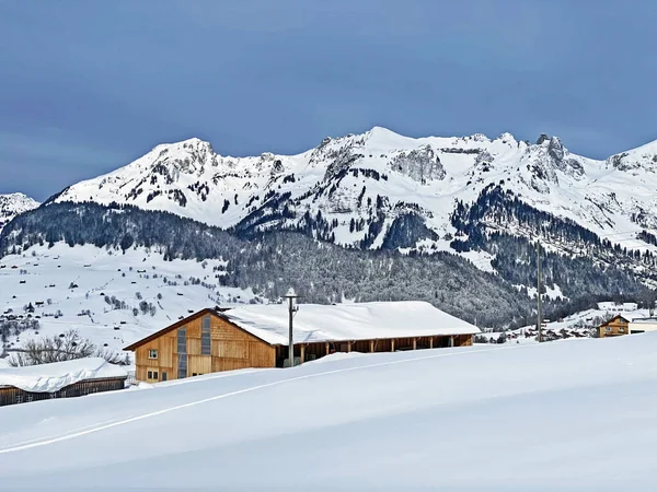 Zimní Sníh Horských Štítech Luetispitz Nebo Lutispitz Schofwisspitz Schwarzchopf Pohoří — Stock fotografie
